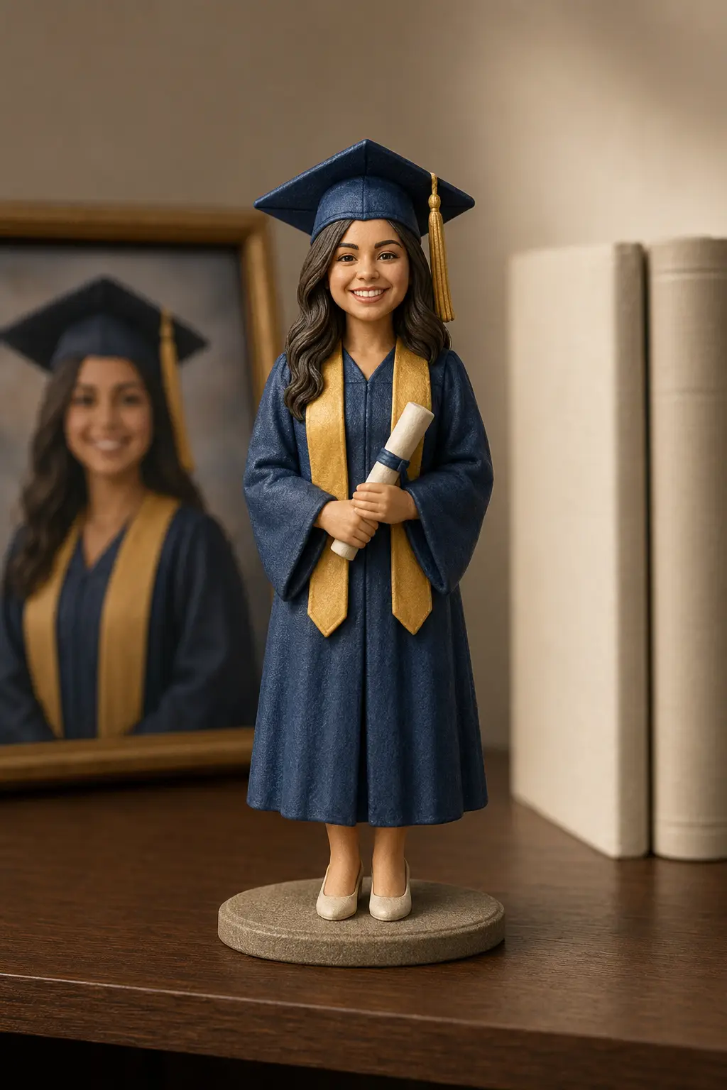 Full-color graduation figurine in navy and gold beside its photo reference