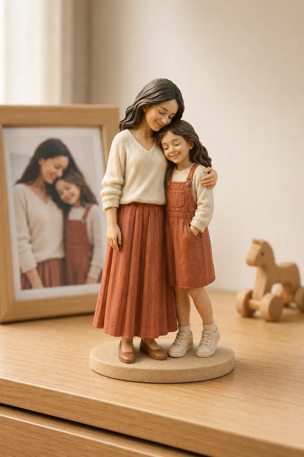 Full-color parent and child keepsake figurine in a warm home setting