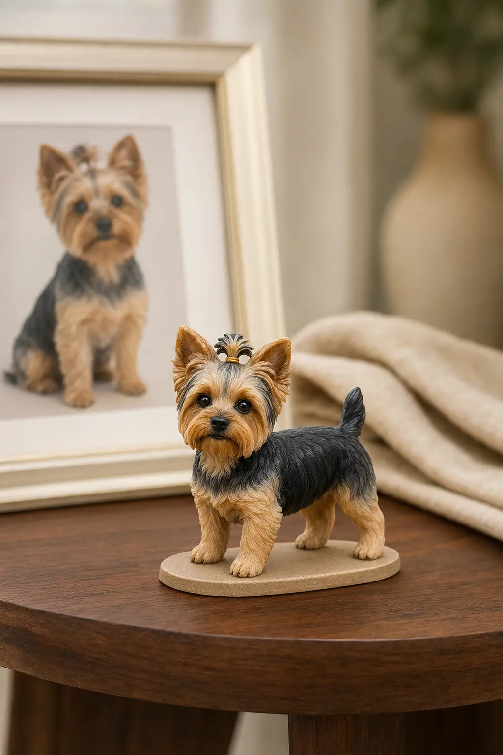 Full-color pet figurine preserving coat pattern, ear shape and stance
