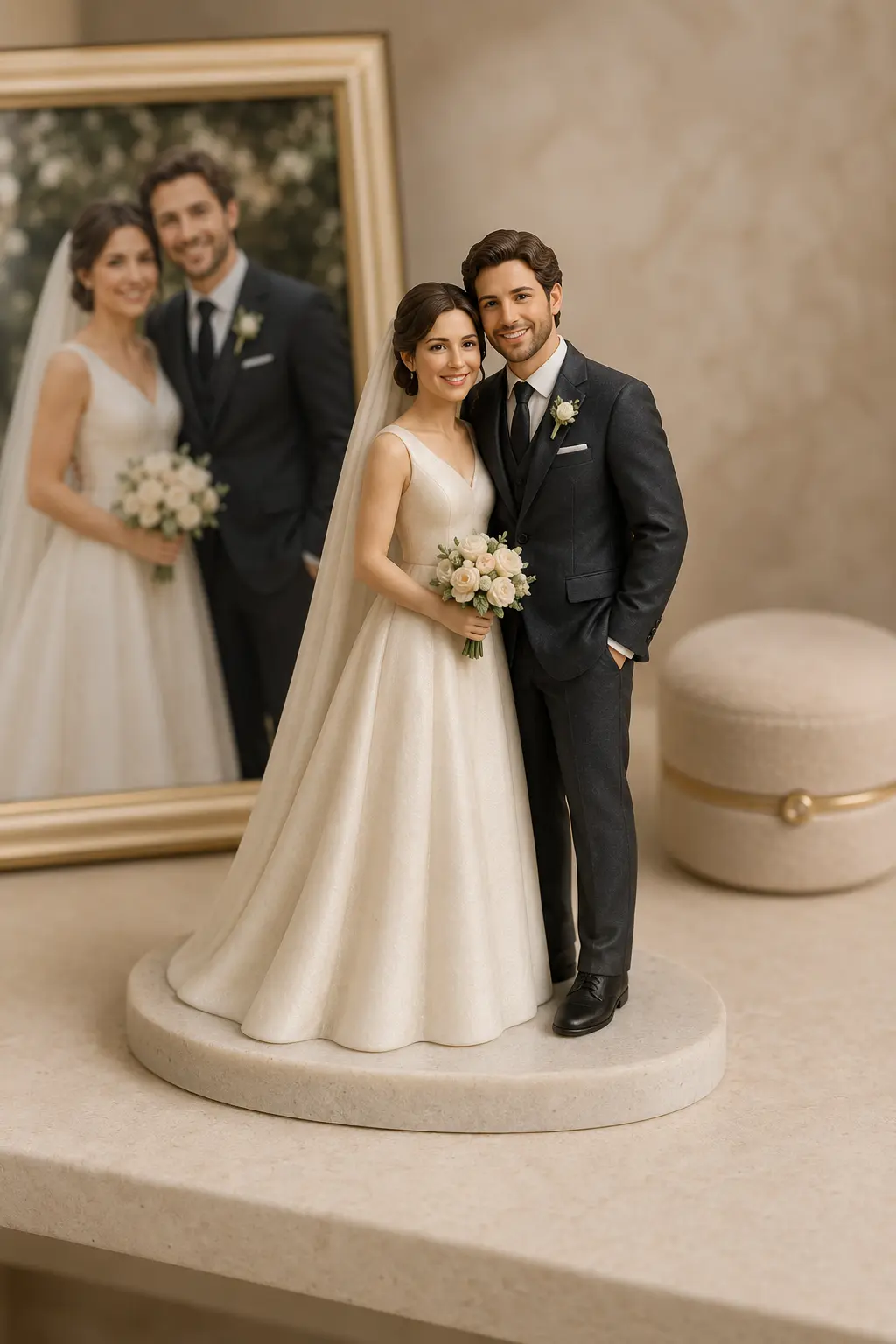 Full-color wedding couple figurine with bouquet and ceremony details